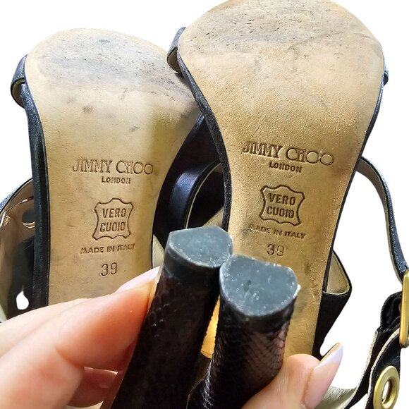 Jimmy Choo Black Leather & Gold Snake-Print Heeled Sandals With Buckle Closure S - Picture 8 of 13